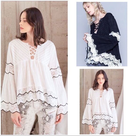 𝅺BABYDOLL Top W/ Criss Cross Closure , Bell Sleeves in White - Picture 1 of 13
